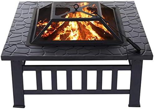 32 Inch Fire Pit Table for Outside Wood Burning Fire Pits Outdoor Square Metal Firepit Large Steel Bonfire Pit for Patio Backyard Garden with Waterproof Cover,Spark Screen,Log Grate,Poker