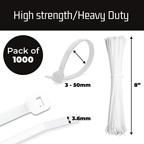 8 Inch White Zip Cable Ties (1000 Bulk Pack), 40Lbs Tensile Strength - Heavy Duty, Self-Locking Premium Nylon Cable Wire Ties For Indoor And Outdoor By Bolt Dropper (White) #TOP2