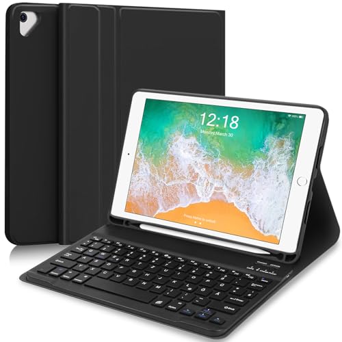 YUEJIDZ Tastatur Hülle für iPad 9.7 2018 (6. Generation)/5. Generation 2017, iPad Air 2 & 1, Magnetisch Kabellos QWERTZ Deutsch mit Stifthalter, Schwarz