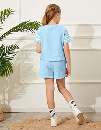 Haloumoning Girls Summer Crop Tops And Shorts Set Cute Color Block Two Piece Outfits Casual Sweat Tracksuit With Side Pockets #TOP1