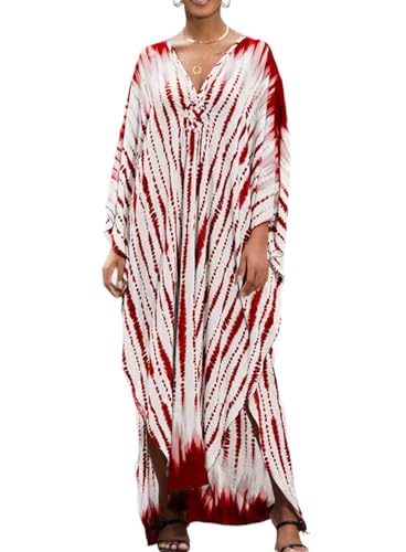 Yanziliu Kaftan Dresses Plus Size V-Neck Women's Swimwear Cover Ups Tie Dye Batwing Sleeves Mumu Caftan Dress Red