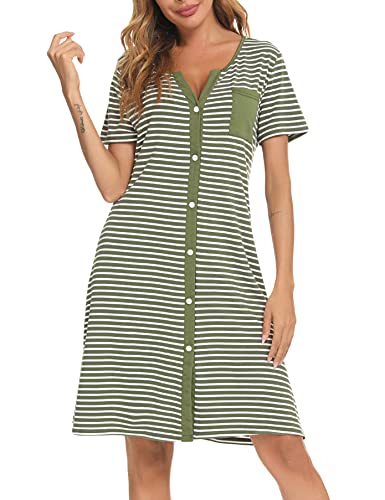 Marvmys Chemises Nuit Femme Coton Manches Courtes Rayure Robe De Nuit Bouton Ouvert Devant Vêtements de Nuit Chemise De Nuit Cardigan Femme Vêtement d'Intérieur Femme Vert M