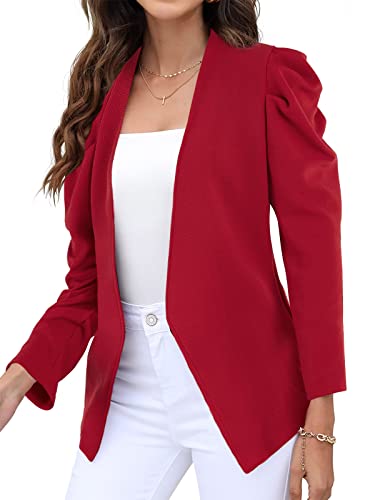 Jeanewpole1 Womens Open Front Ruched Sleeve Cardigan Blazer Draped Casual Lightweight Solid Crop Jacket Suit Red #TOP1