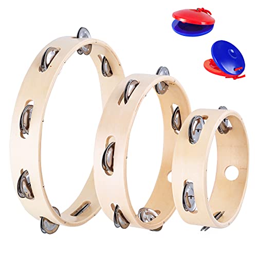 Eastrock Tambourine For Adults Hand Held Tambourine Ring 3 Packs Wooden Tambourine Metal Jingles Percussion Instrument Single Row Hand Tambourines For Kids Ktv Party #TOP8