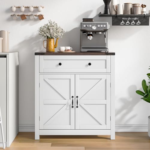 Walnut Buffet Sideboard Cabinet with 2 Barn Doors, Farmhouse Coffee Bar Cabinet, Bathroom Cabinet with Adjustable Shelf, Storage Cabinet for Kitchen, Living Room, Entryway, Bathroom