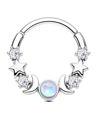 CM Crareesi Mania Moon Star Septum Piercing Jewellery Silver 16G Septum Rings with Opal 316L Stainless Steel Daith Piercing Jewellery Moon Septum Piercing Helix Daith Earring for Women