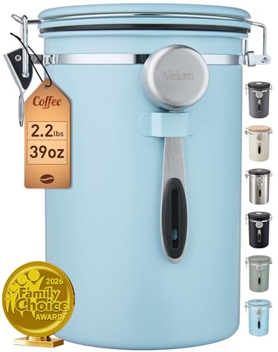 Veken Coffee Canister, 39OZ Large, Airtight Stainless Steel Food Storage Container for 2.2lbs Coffee Beans, Ground, Sugar, Tea, Cookie, Flour, Kitchen Bar Accessories with Date Tracker & Scoop, Blue