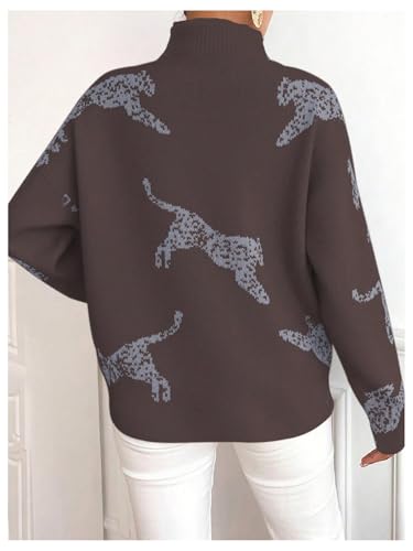 Image of WDIRARA Women's Leopard Tiger Print Sweater High Neck Long Sleeve Fuzzy Knitted Pullover Top