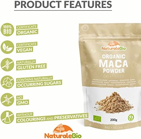 Organic Maca Powder 200g. Peruvian, Natural and Pure, from Organic Maca Root. Vegetarian and Vegan Friendly - Gelatinised - NaturaleBio