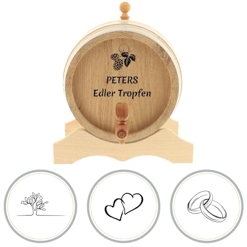 HOFMEISTER&reg; Holzfass mit Gravur 1 Liter &ndash; Eichenfass personalisiert mit Name und Motiv, inklusive Holzhahn und Lagerbock &ndash; Geschenk f&uuml;r M&auml;nner, Handarbeit (1 St&uuml;ck)