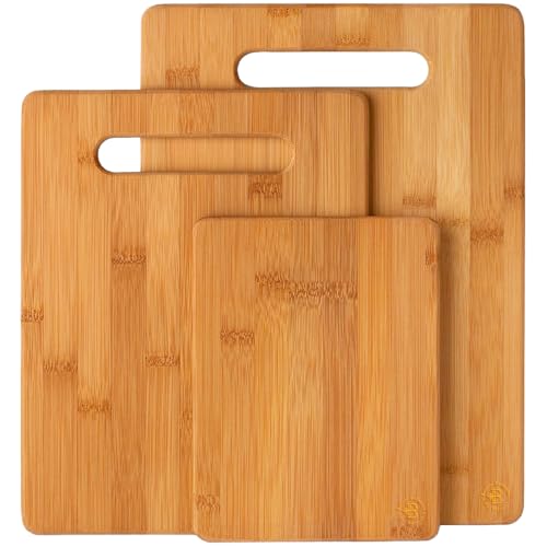 Image of Bamboo Cutting Boards for Kitchen [Set of 3] Wood Cutting Board for Chopping Meat, Vegetables, Fruits, Cheese, Knife Friendly Serving Tray with Handles, 3 Piece Large, Medium, Small Size for Food Prep