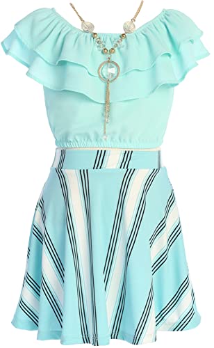 Image of Cold Shoulder Crop Top Ruffle Layered Top Flower Girl Skirt Sets for Girl