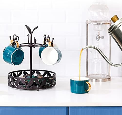 Ouseen Coffee Mug Holder with Coffee Pod Basket Storage, Rotatable 6-Capacity Cup Mug Holder Tree, Coffee Counter Bar Accessory & Kitchen Organizer