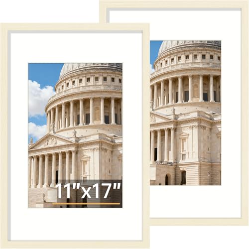 Vittanly 11x17 Picture Frame, Solid Wood Frame with Mat, White Wood, 2 Pack