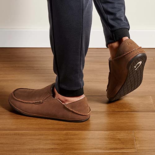 Olukai Kipuka Hulu Men's Leather Slippers, Premium Nubuck Leather Slip On Shoes, Shearling Lining & Gel Insert, Drop-In Heel Design, Toffee/Toffee, 9 #TOP4
