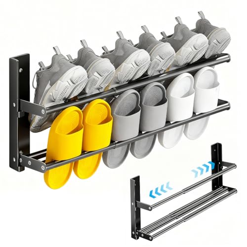 CEWROM Zapatero de pared de 2 niveles, montaje en pared, 37-67 cm, extensible, de metal, para ahorrar espacio, organizador de zapatos para caravanas, baño y pasillo (negro)