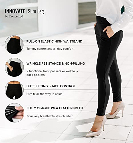 Premium Women's Stretch Dress Pants - Wear To Work - Ponte Treggings - Slim Leg With Buttons - Black - Dp-Slimbuttons-Black-M #TOP9