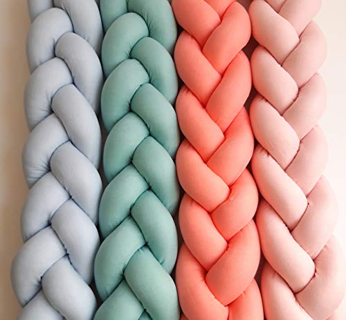 Protector cuna bebé trenzado 100% lino - Cojín trenzado antialérgico y fibra hueca antibacteriana - Protector cabeza cuna artesanal - Incluye tiras de sujección a la cuna (210 cm, Blanco)