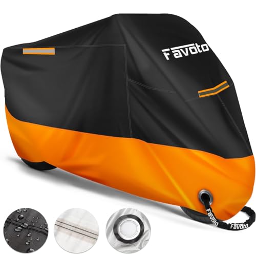 Favoto Verbesserte Version Wasserdicht Motorradabdeckung Motorrad Abdeckplane Outdoor Motorradgarage Motorroller Abdeckung Winddicht Orange-Schwarz XXXL mit 2 Gürtelschnalle