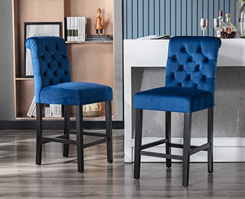 Kmax Counter Height Bar Stools Set Of 2 Tufted Velvet Barstools Mid Century Wood Bar Stools With Back For Kitchen Island Indoor, Blue #TOP3