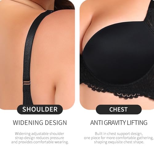 SXQCKJ Women's Sexy Plus Size Luxury Lift Underwire Bra, Push Up Balconette Tshirt Bra Lingerie(34C) Black - Image 6