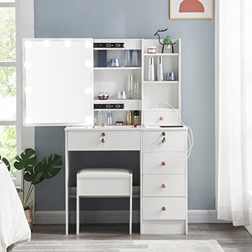 Makeup Vanity Table With Lighted Mirror And Charging Station,Vanity Desk With Drawers And Stool Shelves Makeup Vanity Desk For Bedroom Furniture For Girls Women #TOP12