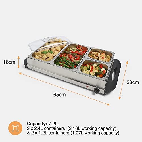 VonShef Food Warmer 4 Tray  7.2L Table Top Buffet Server 300W with Lids, Plate Warming, Temp Control, Chafing Dish, Hostess Trolley Food Warmer & Cool Touch Handles - 2 x 2.4L and 2 x 1.2L Pans