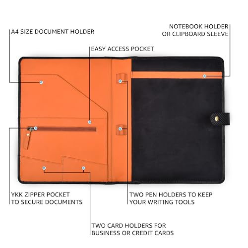 LEATHER VILLAGE Portfolio Professional Organizer– Carbon Fiber Genuine Leather Padfolio Resume Folder for A4 Letter Pad with Pen Holder, Business Card Slots – Ideal for Men & Women- Black Orange by LEATHER VILLAGE - Image 3