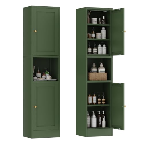 YNIQUESTLE 67" Tall Narrow Storage Cabinet with Doors and Open Shelf,Metal Pantry Cabinet,Shaker Style Slim Cabinet with Adjustable Shelves,for Bathroom Kitchen Laundry Small Spaces,Forest Green,1Pc