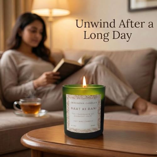 Image of Serenova Candles RAAT KI Rani Aromatherapy Candle, Organic Soy Wax, Handpoured and Handmade, 350gm, 40 Hours Burning Time