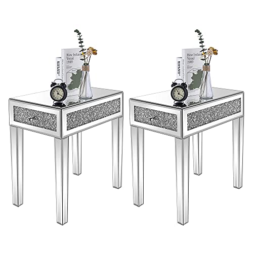 Vingli Mirrored Nightstand Set Of 2 Narrow Side Table With Drawer Glass Accent Table,Silver #TOP19