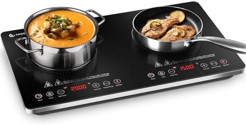 AMZCHEF Induktionskochfeld 2 Platten Freistehend, Induktionskochplatte 2 Platten 3500W mit Unabhängigen Steuerungen, 20 Temperaturstufen, mehrere Leistungseinstellungen, 4-Stunden-