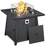 Yaheetech 28 in Outdoor Gas Fire Pit Table with Glass Wind Guard, Lava Rocks and Lid, 50,000 BTU Square Propane Fire Pit for Patio Party Garden Backyard Deck, Heavy Duty Gas Firepit, Black