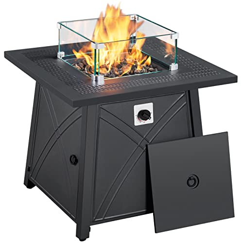 Yaheetech 28 In Outdoor Gas Fire Pit Table With Glass Wind Guard, Lava Rocks And Lid, 50,000 Btu Square Propane Fire Pit For Patio Party Garden Backyard Deck, Heavy Duty Gas Firepit, Black #TOP10