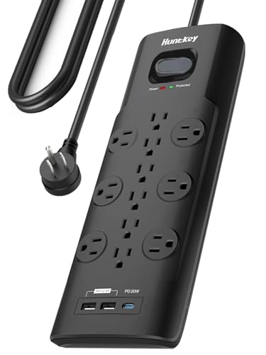 Regleta Protector de Sobretensión Huntkey SMD127C con 12 Tomacorrientes, 2 USB A y Carga Rápida USB C de 20W, Cable de Extensión de 1.8 m con Enchufe Plano