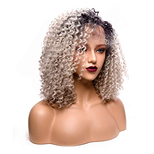 Lurrose Moda feminina curta peruca de cabelo cacheado pequeno na frente peruca de renda cacheada nat