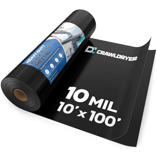 Crawldryer Black Plastic Sheeting 10 Mil 10 x 100 Crawl Space Vapor Barrier Vapor Barrier Plastic Sheeting Heavy Duty Polyethylene Plastic Rolls for Garden Crawlspace Basement Black