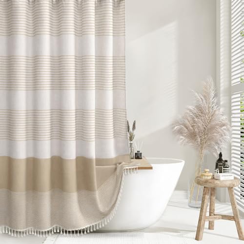 Awellife Boho Shower Curtains for Bathroom,Beige Linen Texture Shower Curtain