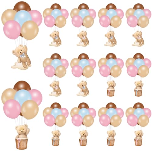 FYSUIMU 12 Sets Bear Gender Reveal Table Decoration Cute Bear Paper Cardstocks with Balloons Stand Kits for Birthday Baby Shower Party Table Centerpiece Supplies