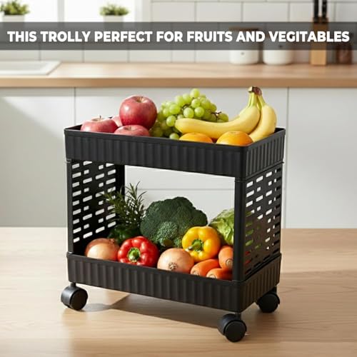 Image of 2-Tier Rolling Storage Cart with Wheels | Multipurpose Plastic Organizer Trolley for Kitchen, Bathroom, Office & Home |Black (1 Pcs, 2 Layer)
