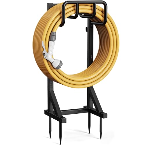 Garden Hose Holder Stand, Freestanding Heavy Duty Metal Hose Holder with Stable Base and Tool Hooks, Rustproof Water Hose Storage Rack for Outside Yard Lawn