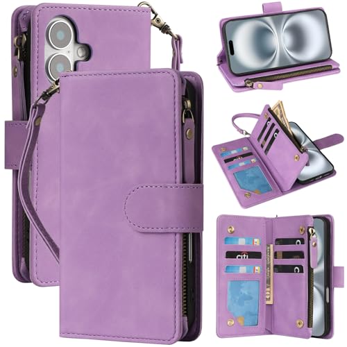 RANYOK Compatible with iPhone 16 Case Wallet - PU Leather Wallet Case for iPhone 16 with Credit Card Holder RFID Blocking Zipper Pocket with Wrist Strap Flip Folio Protective Case (Purple) by RANYOK - Used condition - US$9.26