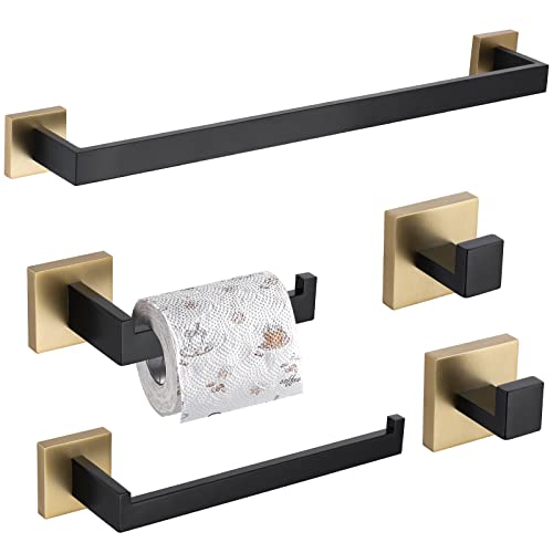 Turs 5-Piece Bathroom Hardware Set Black And Gold Towel Bar Holder Sets Hand Towel Holder Toilet Paper Holder And 2 Towel Hooks,Stainless Steel Wall Mounted #TOP8