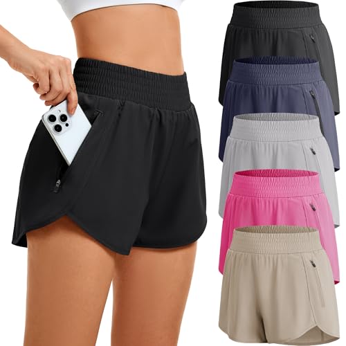 JOVCOVL 3/5 Pack Womens Athletic Workout Short High Waisted Elastic Running Shorts with Pockets for Gym Casual Yoga