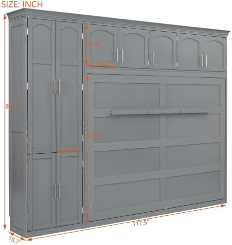 Queen Size Murphy Bed with Storage Cabinets, Foldable Space-Saving Cabinet Bed Wall Bed, Murphy Bed Cabinet for Bedroom, Guest Room, Home Office, Grey