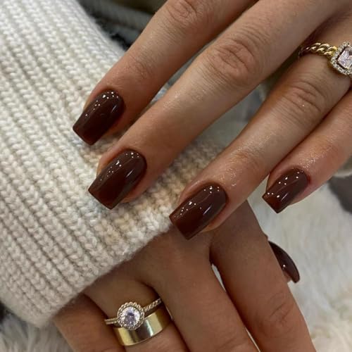 KQueenest 30 Pcs Brown Fall Press on Nails Short Medium Square, Salon Like Fake Nails Acrylic, Dark Soft Gel False Nails, Short Coffin False Nails Set, Varied Sizes for Women Daily Wear
