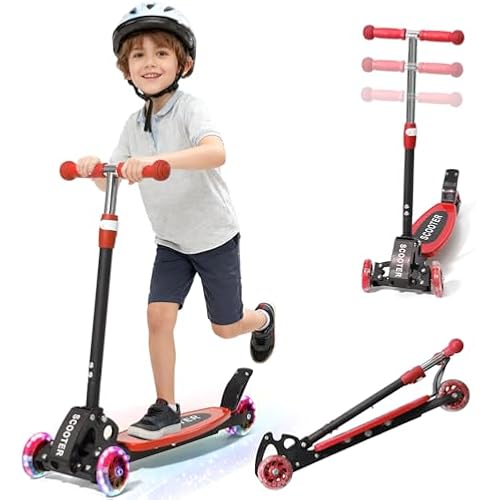 Scooter for Kids 3-5 5-7,Light up 3 Wheels Kick Scooter,Heavy Duty Folding Lean-to-Steer Scooters with 3 Adjustable Handlebar for Boys Girls,Widen Anti-Slip Deck,Rear Break,Holds up to 150Lbs