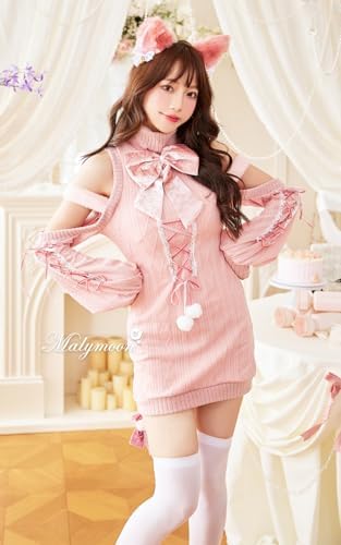 [Malymoon] コスプレ アニマル 動物 キャット ねこ ネコ耳 ピンク グレー 灰色 ニット リボン 衣装 仮装 マリームーン 6点セット 10115 詳細画像2