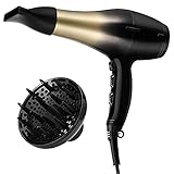 1875W Hair Dryer, Nano Ionic Blow Dryer, Concentrator& Diffuser Hair Dryer for Curly Hair, 2 Speed and 3 Heat Settings (Black Gold)