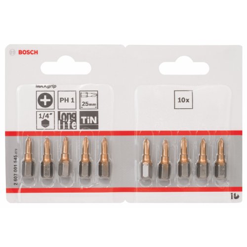 Bosch Accessories 10 Pièces Jeu de Embouts de Vissage Max Grip pour Vis Cruciformes, PH1 Epaisseur, 25mm Longueur